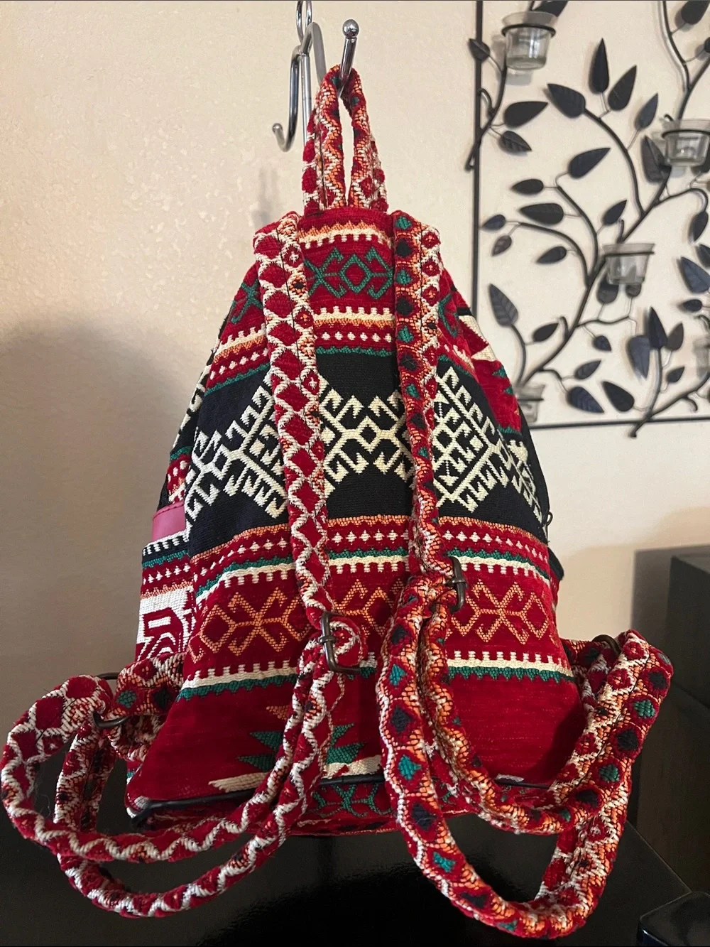 Red Aztec Print Mini Backpack with Pink Trim
